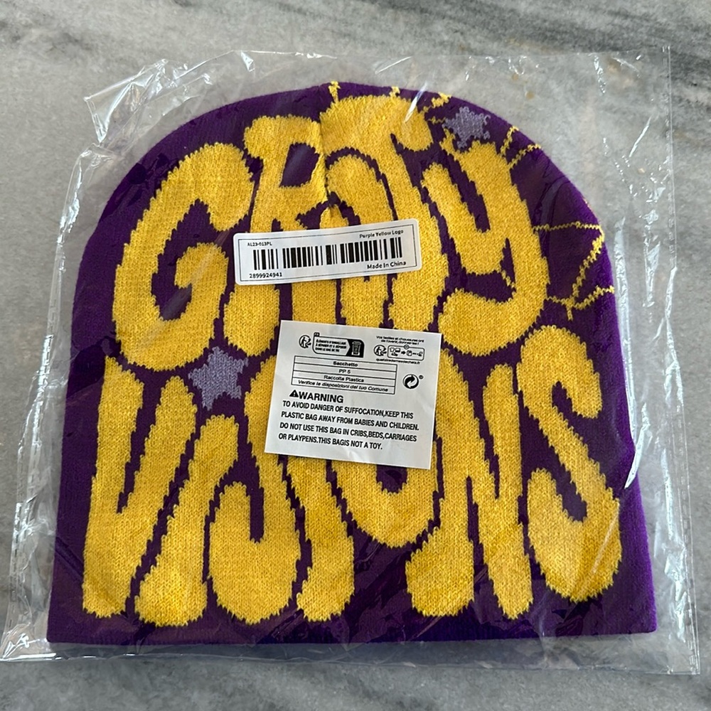 Purple designer, beanie, new in bag